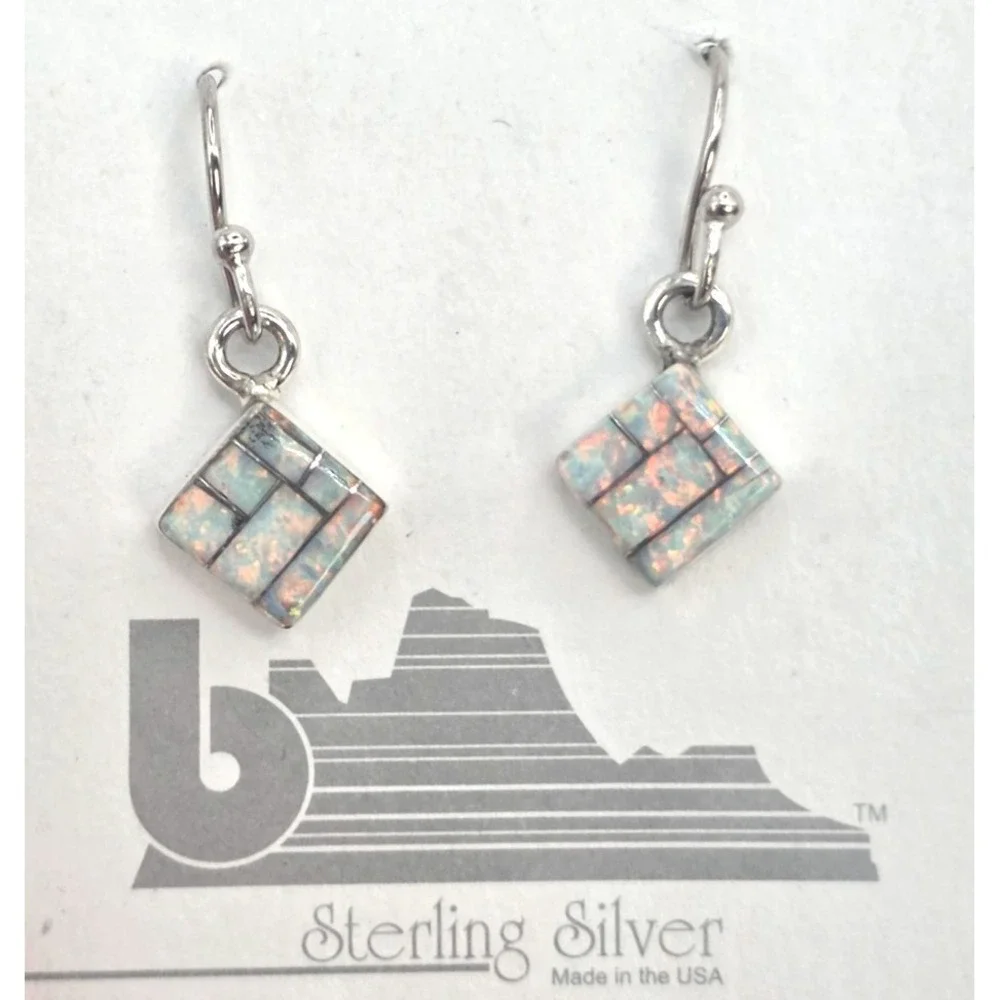 Fire Opal Earrings Dangles Sterling Silver Inlays Handmade Squares Signed SM NEW